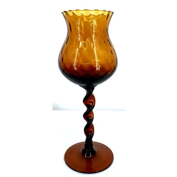 Empoli Candleholder Art Glass Optic Ribbed Twisted Stem Amber Italy 11.75" Tall - Picture 1 of 9